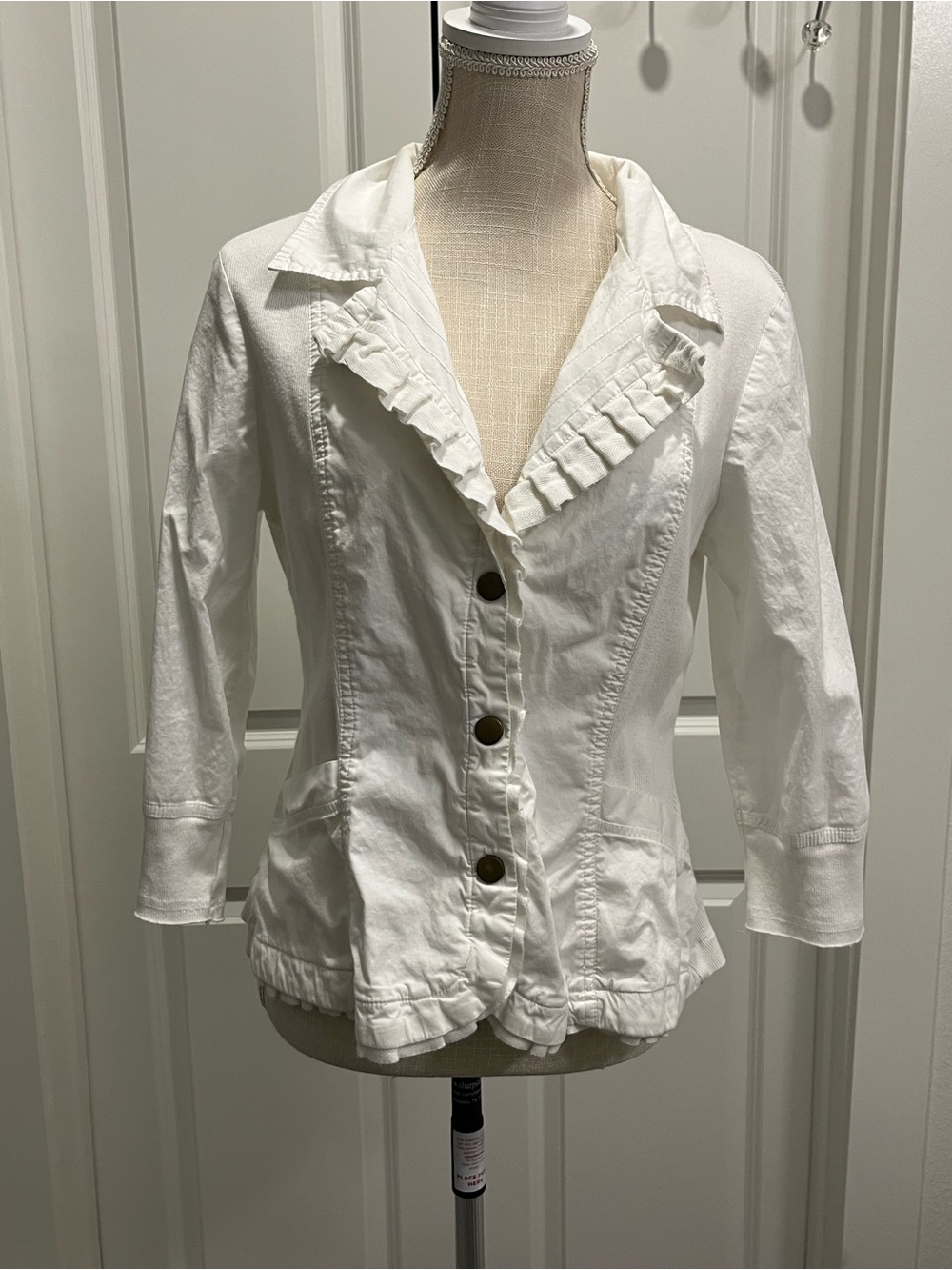 XCVI Ruffle Trim Button Front Jacket Size Large White Fitted Utility Grunge Moto